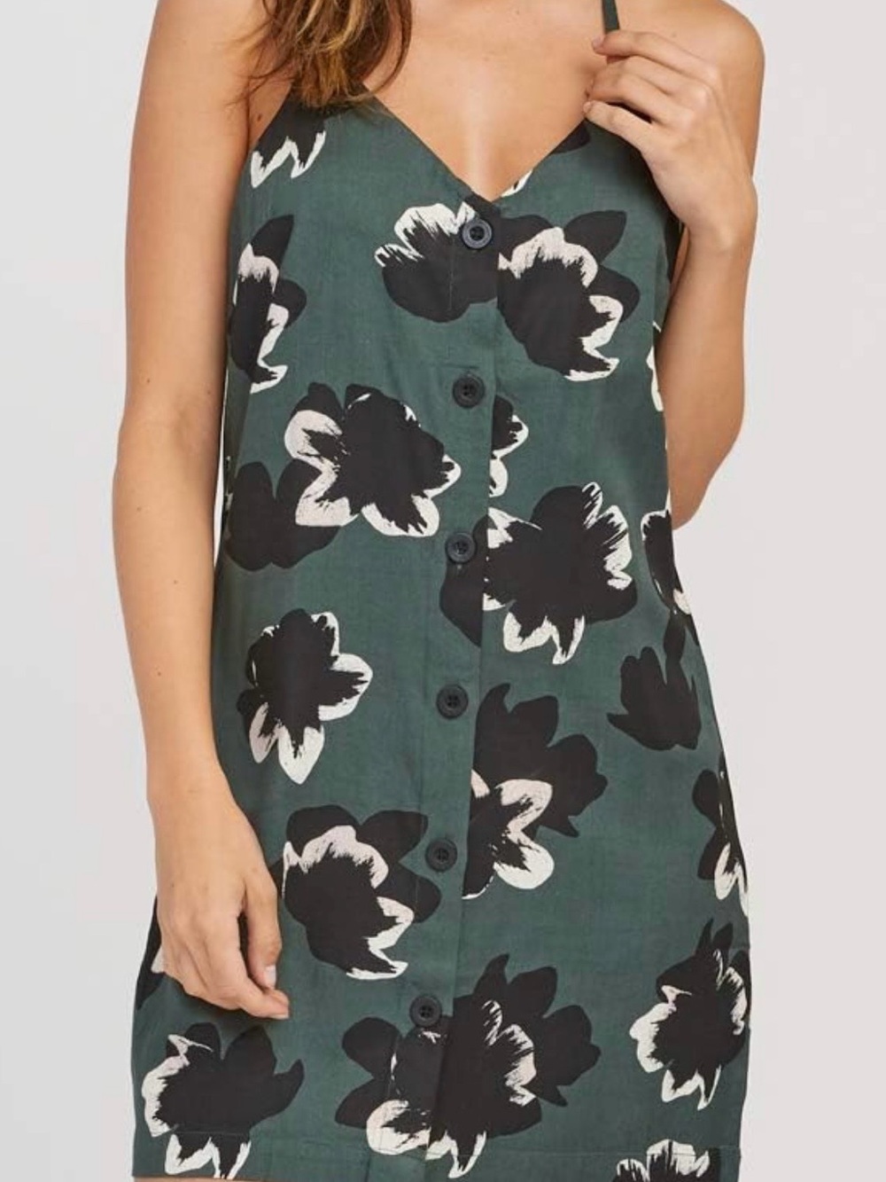 RVCA Green Floral Mini Dress with Black and White Flowers
